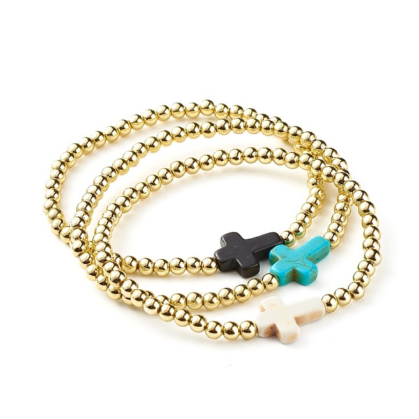 

PandaHall Cross Synthetic Turquoise(Dyed) Beads Stretch Bracelets Set for Girl Women, ABS Plastic Beads Bracelets, Golden, Inner Diameter...