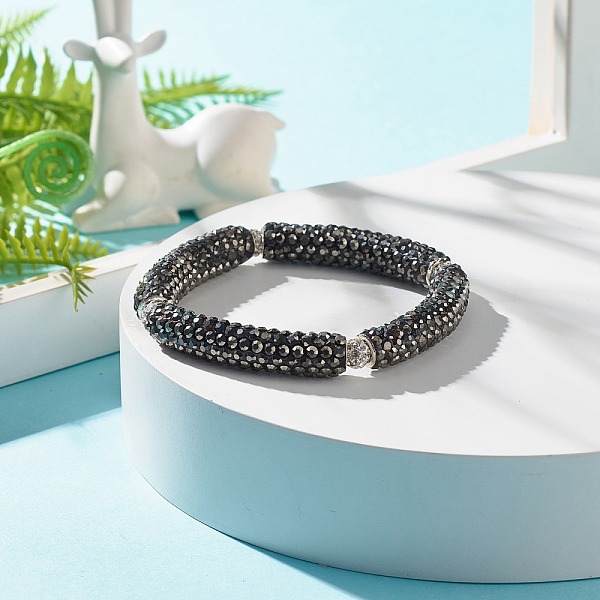 

PandaHall Bling Polymer Clay Rhinestone Curved Tube Beads Stretch Bracelet for Women, Hematite, Inner Diameter: 2-3/8 inch(5.9cm) Rhinestone..., Gray