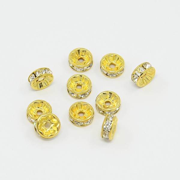

PandaHall Brass Rhinestone Spacer Beads, Grade A, Straight Flange, Golden Metal Color, Rondelle, Crystal, 8x3.8mm, Hole: 1.5mm..., Clear