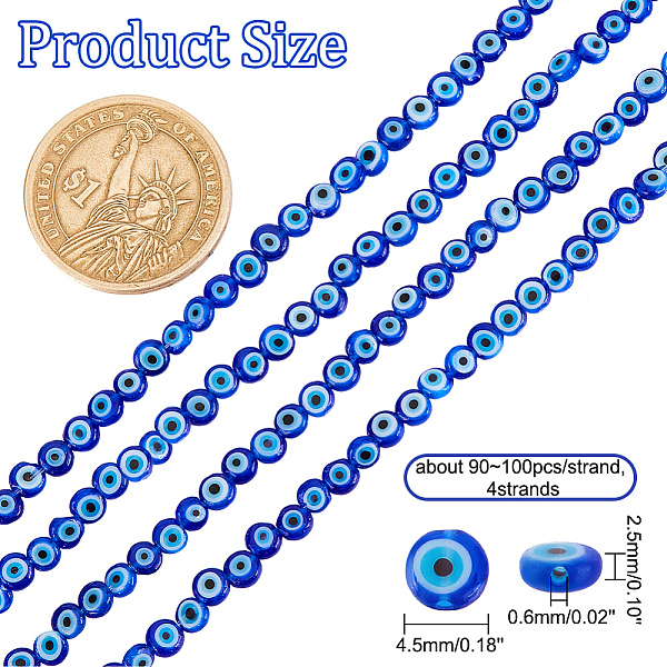 

PandaHall DICOSMETIC 4 Strands Evil Eye Beads Handmade Lampwork Beads Dark Blue Flat Round Eye Beads Chain Small Glass Spacer Beads for...