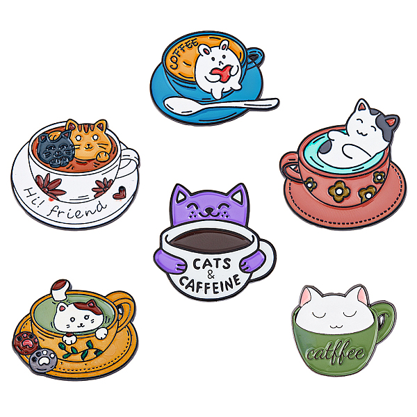 

PandaHall HOBBIESAY 6Pcs 6 Style Cat with Cup Enamel Pin, Alloy Badge for Backpack Clothes, Mixed Color, 23~34x26~33x1.4~1.7mm, Pin: 1.2mm..., Multicolor