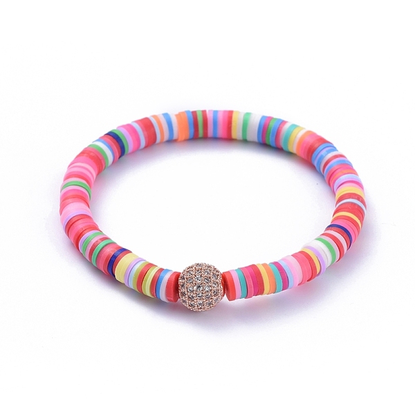 

PandaHall Handmade Polymer Clay Heishi Bead Stretch Bracelets, with Brass Micro Pave Clear Cubic Zirconia Round Beads, Rose Gold, 2-1/4 inch...