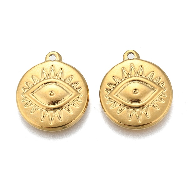 

PandaHall Vacuum Plating 304 Stainless Steel Pendants, Flat Round with Evil Eye, Golden, 19.5x17x2.5mm, Hole: 1.4mm 304 Stainless Steel Evil...