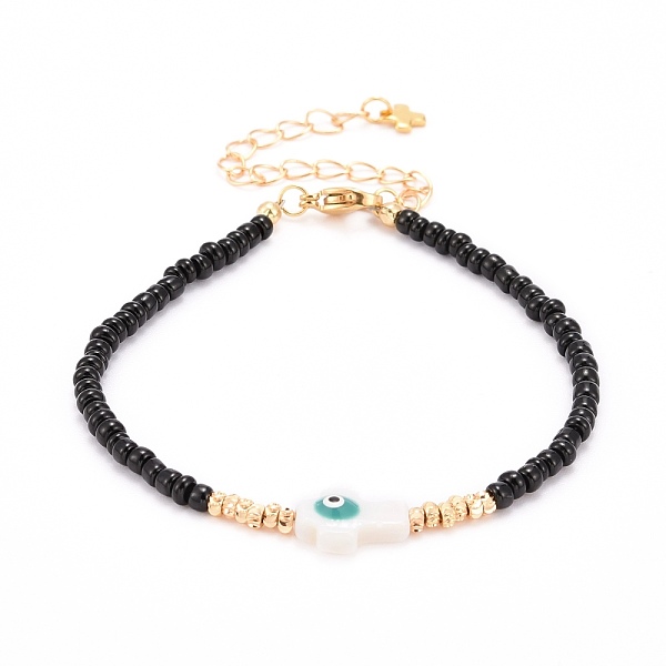 PandaHall Cross with Evil Eye Beaded Bracelets, with Glass Seed & Brass & Natural Freshwater Shell Beads, 304 Stainless Steel Lobster Claw...