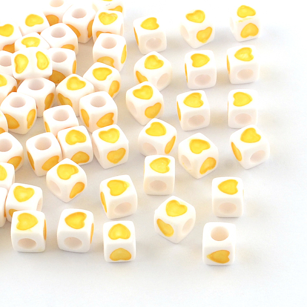 

PandaHall Opaque Acrylic European Beads, Large Hole Cube Beads, with Heart Pattern, Yellow, 7x7x7mm, Hole: 4mm, about 1900pcs/500g Acrylic...