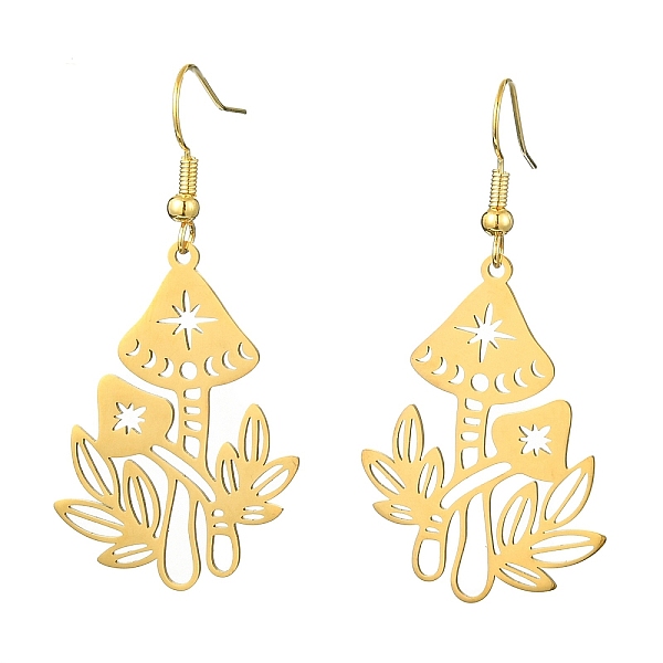 

PandaHall Hollow Mushroom 201 Stainless Steel Dangle Earrings, with Brass Earring Pins, Golden, 51.5x25mm 201 Stainless Steel Mushroom