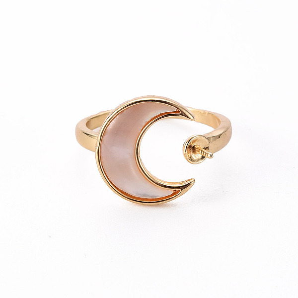 

PandaHall Brass Peg Bails Cuff Finger Ring Settings, with Natural Shell, for Half Drilled Bead, Nickel Free, Moon, Real 18K Gold Plated, US...
