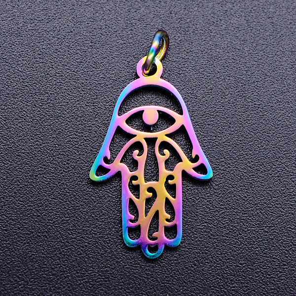 

PandaHall Ion Plating(IP) 201 Stainless Steel Pendants, with Jump Rings, Hamsa Hand/Hand of Fatima/Hand of Miriam with Eye, Rainbow Color...