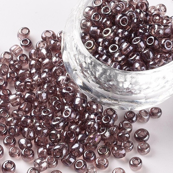 

PandaHall Glass Seed Beads, Trans. Colours Lustered, Round, Rosy Brown, 4mm, Hole: 1.5mm, about 4500pcs/pound Glass Brown