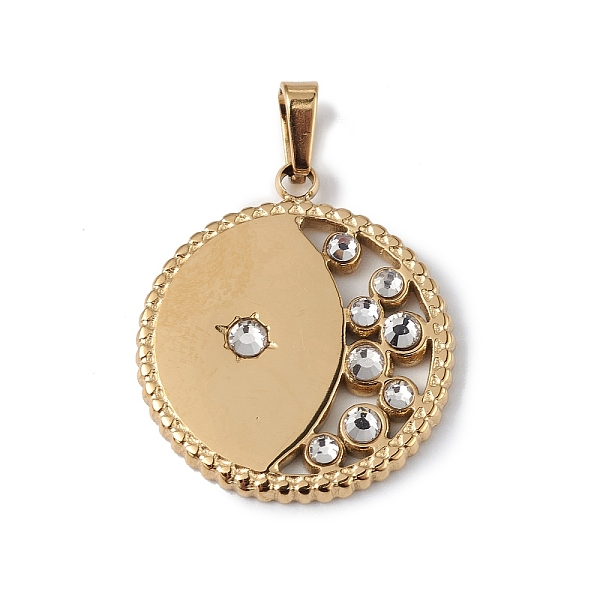 

PandaHall Ion Plating(IP) 304 Stainless Steel with Crystal Rhinestone Pendants, Flat Round with Moon Charms, Golden, 19.5x17.5x1.9mm, Hole..., Clear