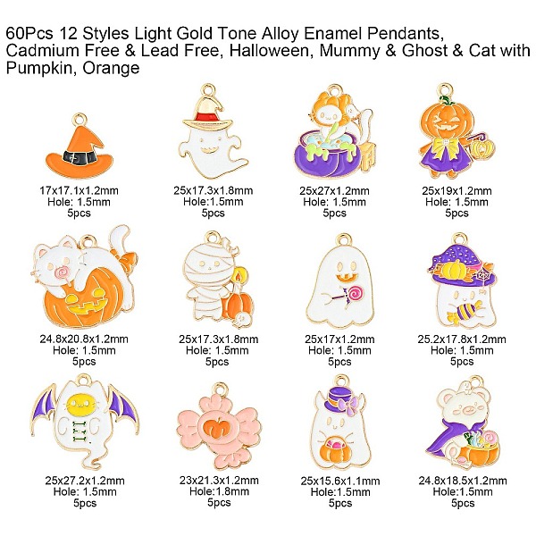 

PandaHall 60Pcs 12 Styles Light Gold Tone Alloy Enamel Pendants, Cadmium Free & Lead Free, Halloween, Mummy & Ghost & Cat with Pumpkin..., Orange