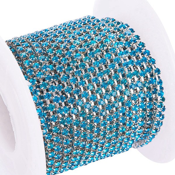 

PandaHall Brass Rhinestone Strass Chains, with Spool, Rhinestone Cup Chain, about 2880pcs Rhinestone/bundle, Grade A, Silver Color Plated..., Cyan