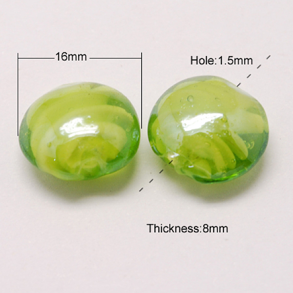 

PandaHall Handmade Lampwork Beads, Pearlized, Flat Round, Green Yellow, 16x8mm Lampwork Flat Round Green