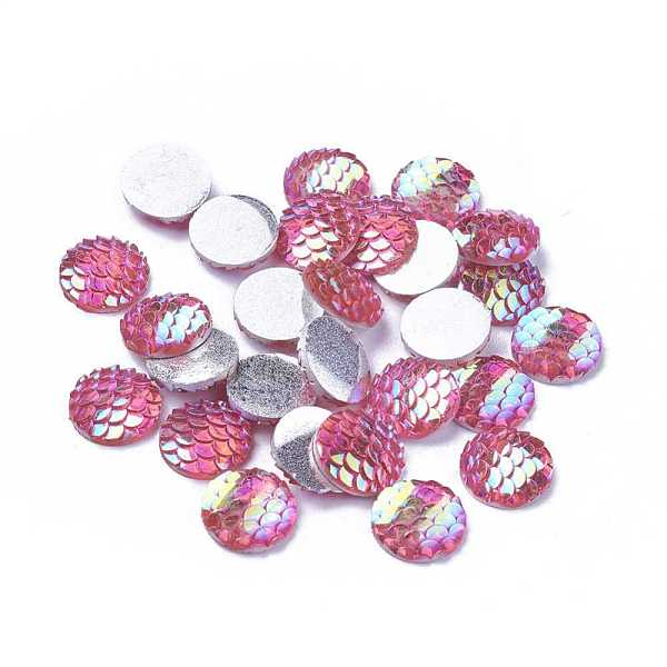PandaHall Resin Cabochons, Flat Round with Mermaid Fish Scale, Magenta, 12x3mm Resin Flat Round Pink