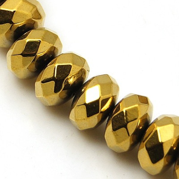 

PandaHall Non-magnetic Synthetic Hematite Beads Strands, Rondelle, Golden Plated, 8x5mm, Hole: 1mm, about 76pcs/strand, 16 inch Non-magnetic..., Gold