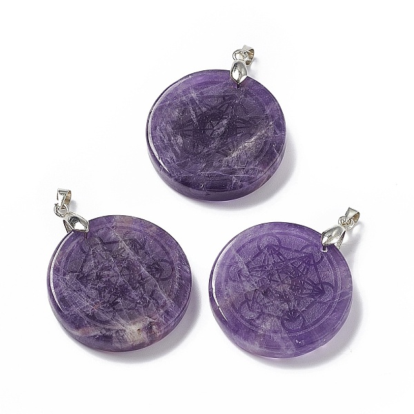

PandaHall Natural Amethyst Pendants, Flat Round Charms with Chakra Theme Pattern, with Rack Plating Platinum Tone Brass Findings, Cadmium...