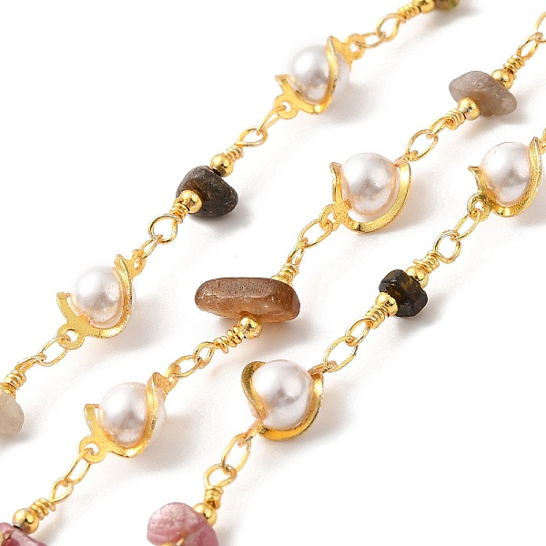 

PandaHall Handmade Natural Tourmaline Chip Beaded Chains, Real 18K Gold Plated Brass Glass Link Chains, Soldered, with Spool, Cadmium Free &...