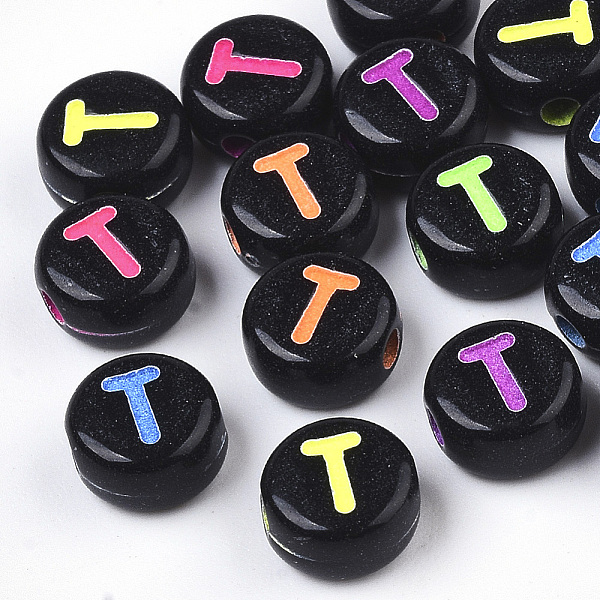 

PandaHall Opaque Black Acrylic Beads, Horizontal Hole, Flat Round with Mixed Color Letter, Letter.T, 7x4mm, Hole: 1.6mm, about 3600pcs/500g..., Multicolor