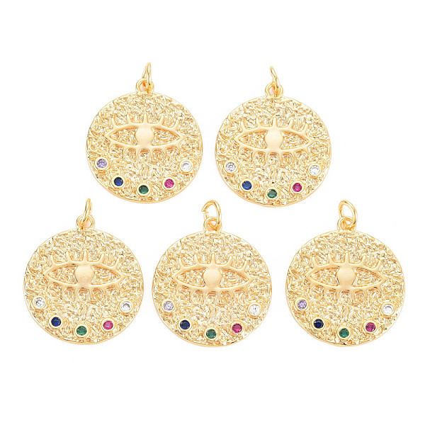 

PandaHall Rack Plating Brass Micro Pave Colorful Cubic Zirconia Pendants, with Jump Rings, Nickel Free, Flat Round with Evil Eyes, Real 18K...