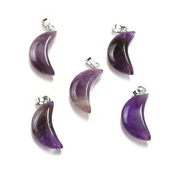 

PandaHall Natural Amethyst Pendants, Moon Charms, with Platinum Tone Brass Findings, 25~25.5x12x5.5mm, Hole: 6x2.5mm Amethyst Moon