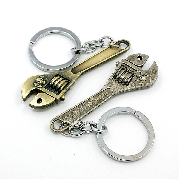 PandaHall Alloy Keychain, with Iron Findings, Wrench, Mixed Color, Ring: 28x2mm, 115mm Alloy Tool