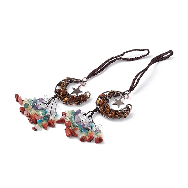 

PandaHall Natural Tiger Eye Moon with Mixed Gemstone Chips Tassel Pendant Decorations, with Rack Plating Red Copper Plated Brass Findings...