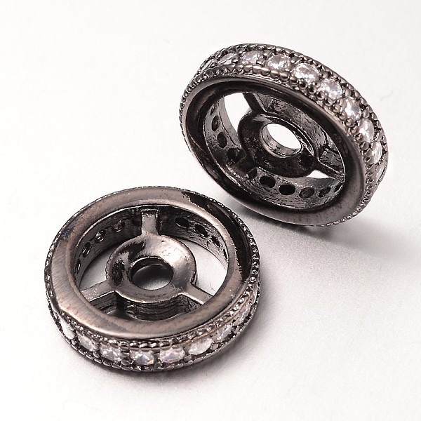 PandaHall Steering Wheel Brass Micro Pave Cubic Zirconia Beads, Gunmetal, 8x2.5mm, Hole: 1mm Brass+Cubic Zirconia Flat Round