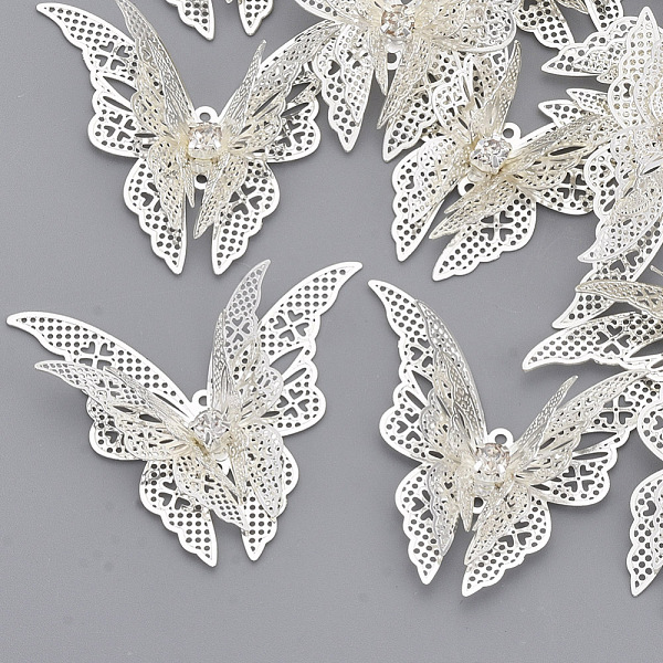 

PandaHall Brass Links connectors, with Crystal Rhinestone, Butterfly, Silver Color Plated, 35x41x7mm, Hole: 1.2mm Brass+Rhinestone Butterfly