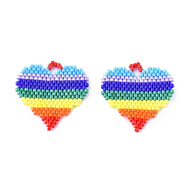 

PandaHall Handmade Seed Beads Pendants, with Elastic Thread, Loom Pattern, Rainbow Stripe Heart, Colorful, 30~31x29x2mm, Hole: 4mm Glass...