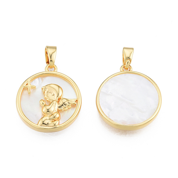 

PandaHall Natural Freshwater Shell Pendants, with Real 18K Gold Plated Brass Findings, Nickel Free, Flat Round Charm with Angel, Creamy...