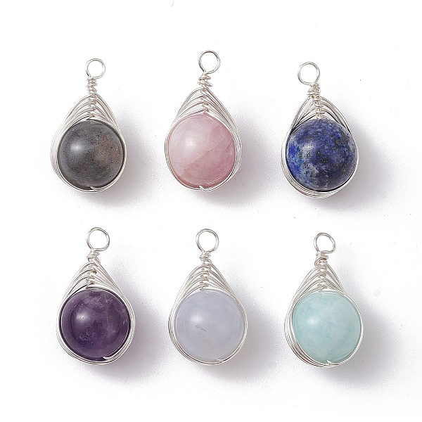 

PandaHall 6Pcs 6 Styles Natural Mixed Gemstone Copper Wire Wrapped Pendants, Round Charms, Silver, 20x11x10.5mm, Hole: 2.5mm, 1pc/style...