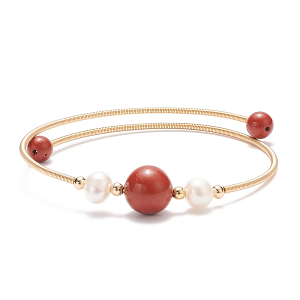 

PandaHall Natural Red Jasper & Pearl Round Beaded Bangle, Brass Torque Bangle for Women, Golden, Inner Diameter: 2-1/4 inch(5.6cm) Red...