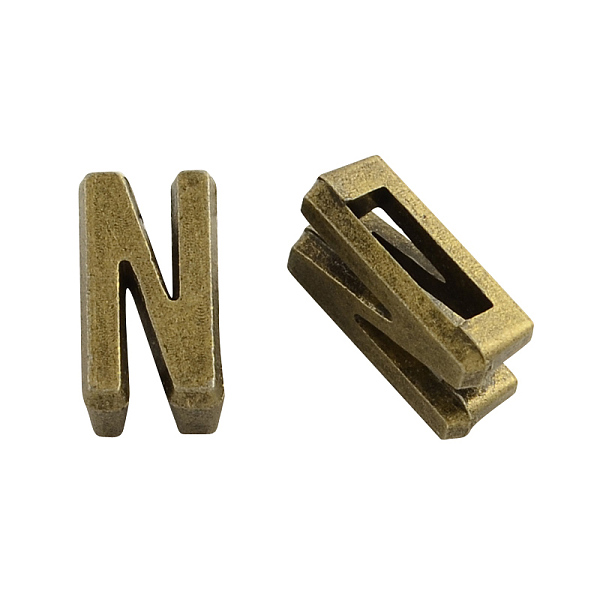 

PandaHall Tibetan Style Alloy Letter Slide Charms, Cadmium Free & Nickel Free & Lead Free, Letter.N, 11x2~8x4mm, Hole: 7x2mm, about...