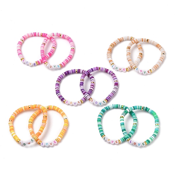

PandaHall Polymer Clay Heishi Beads Stretch Bracelets, for Valentine's Day, with Acrylic Letter Beads and Brass Spacer Beads, Word Love..., Multicolor