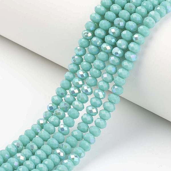 

PandaHall Electroplate Opaque Solid Color Glass Beads Strands, Half Rainbow Plated, Faceted, Rondelle, Turquoise, 3.5x3mm, Hole: 0.4mm..., Green