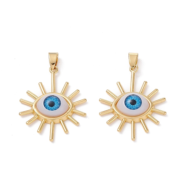 

PandaHall 5Pcs Brass Pendants, with Resin Cabochons, Long-Lasting Plated, Sun with Evil Eye, Real 18K Gold Plated, Dodger Blue, 34x27x6.5mm...