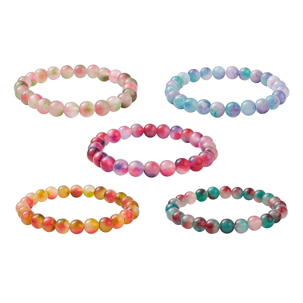 

PandaHall Dyed Natural White Jade Round Beaded Stretch Bracelet, Inner Diameter: 2-1/4 inch(5.8cm) White Jade