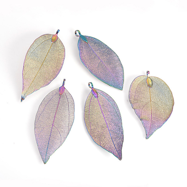 

PandaHall Electroplated Natural Leaf Big Pendants, with Iron Findings, Multi-color Plated, 70~100x30~50x1mm, Hole: 3x6mm Iron Leaf