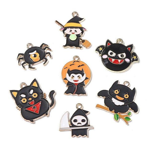 

PandaHall 35Pcs 7 Styles Halloween Alloy Enamel Pendants, Light Gold, Mixed Shapes, Black, 20~25x17~24x1mm, Hole: 1.8mm, 5pcs/style...