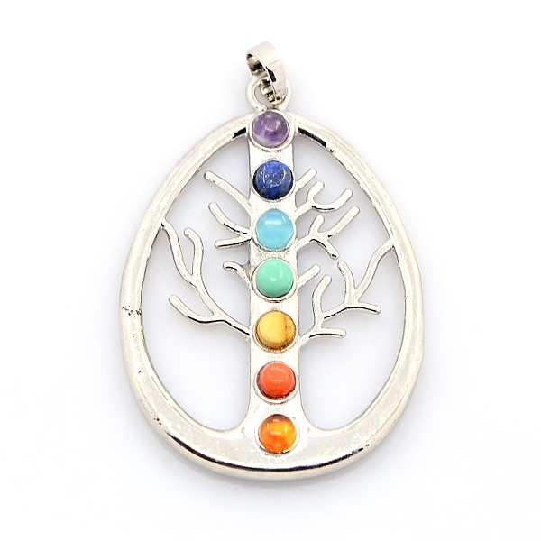 

PandaHall Vintage Chakra Jewelry Brass Gemstone Pendants, teardrop, Platinum, 48x34x4mm, Hole: 5x8mm Mixed Stone Teardrop