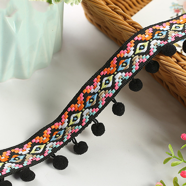 

PandaHall Ethnic Style Polyester Ball Fringe Lace Trim, Garment Accessories, Black, 1-3/4 inch(45mm), 20 yards/roll Polyester Black