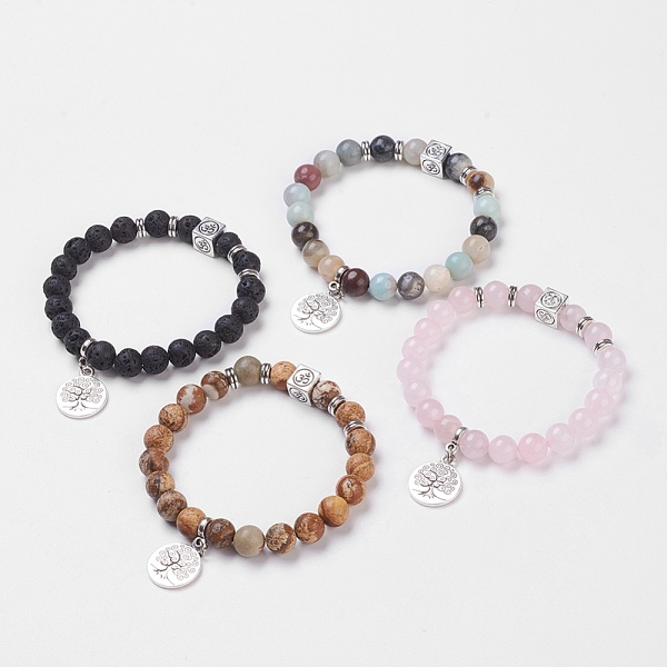 

PandaHall Natural Gemstone Stretch Bracelets, with Alloy Pendants & Findings, Tree of Life & Om Symbol, Burlap Packing, 2-1/8 inch(5.3cm)...