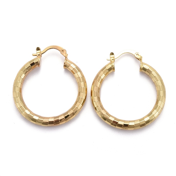 

PandaHall Brass Hoop Earring, Long-Lasting Plated, Textured Ring Shape, Real 18K Gold Plated, 34.5x31x4mm, Pin: 1mm Brass Ring