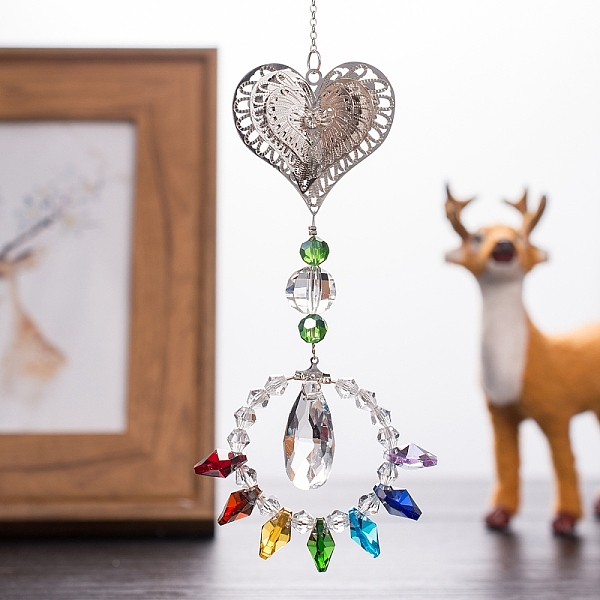 

PandaHall Metal Hanging Ornaments, Octagon Teardrop Glass Charm Suncatchers for Garden Outdoor Decorations, Heart, 320mm Glass Heart