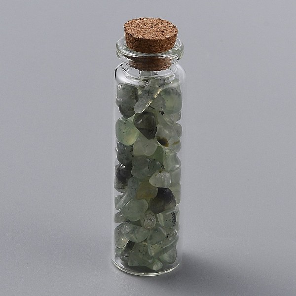 

PandaHall Glass Wishing Bottle Pendant Decorations, with Natural Prehnite Chips Inside and Cork Stopper, 69.5~70.5x22mm Prehnite Bottle