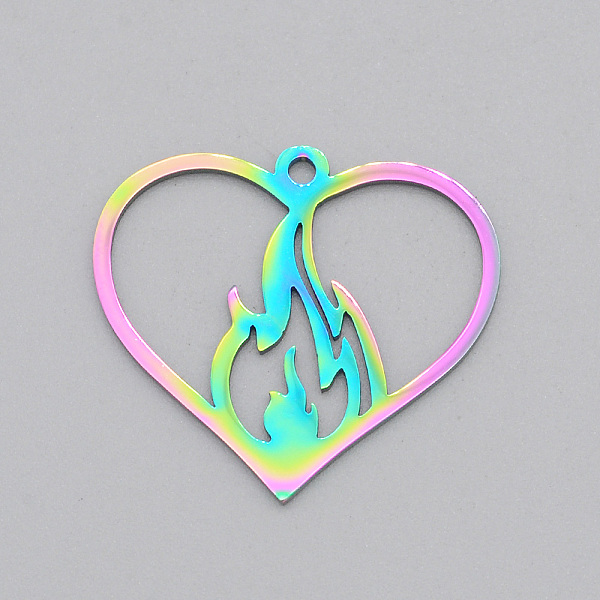 PandaHall Ion Plating(IP) 201 Stainless Steel Pendants, Laser Cut, Heart with Flame, Rainbow Color, 25.5x28x1mm, Hole: 1.8mm 201 Stainless...