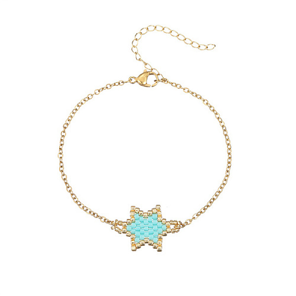 

PandaHall Glass Seed Beaded Star Link Bracelet with Golden Stainless Steel Cable Chains, Aquamarine, 7-7/8 inch(20cm) Seed Beads Star Green