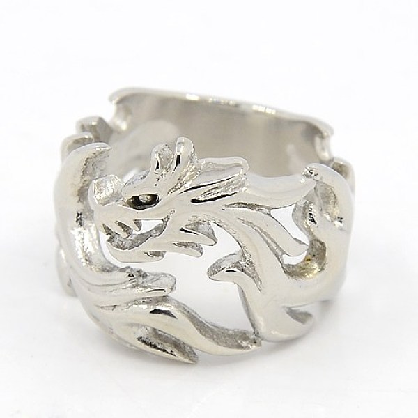 

PandaHall Personalized Retro Men's 304 Stainless Steel Rings, Hollow Dragon, Stainless Steel Color, 16~24mm 304 Stainless Steel