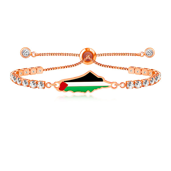 Bracelet coulissant en acier inoxydable 304 émaillé avec carte de Palestine et pavé de zirconiums cubiques transparents pour femme
