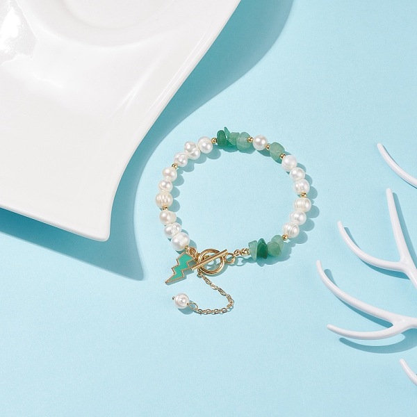 

PandaHall Natural Green Aventurine Chips & Pearl Beaded Bracelet with Enamel Lighting Bolt Charms, Gemstone Jewelry for Women, Golden, 7-5/8...
